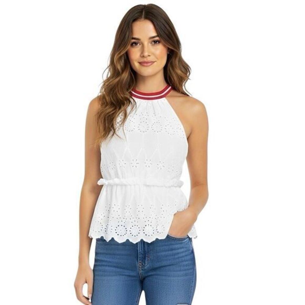 Zara Basic Denim Top Tank XS White Crochet Eyelet Bohemian Boho Chic Cottage